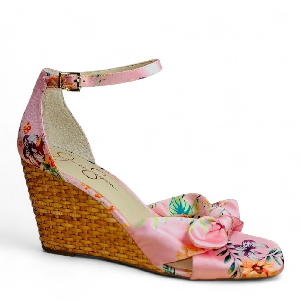 Jessica Simpson Wedge Sandal Size 10 Pink Buckle Ankle Strap Bow Floral Tropical